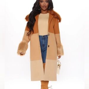 Fashion Nova Pardon My French Coat in Taupe with Removable Faux Fur